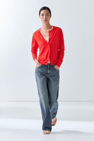 Cardigan en maille fine col rond - Rose fluo de Zara