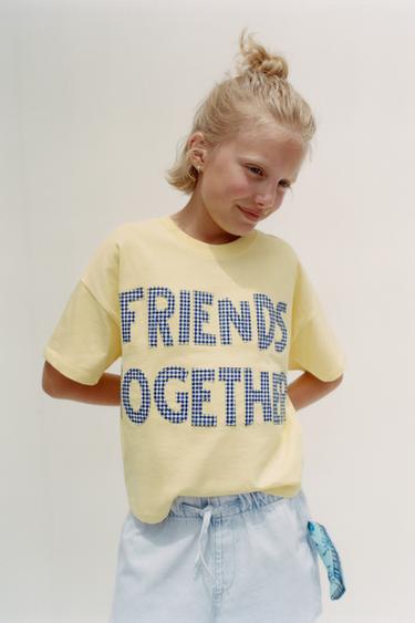 Zara GINGHAM PATCH T-SHIRT - Yellow