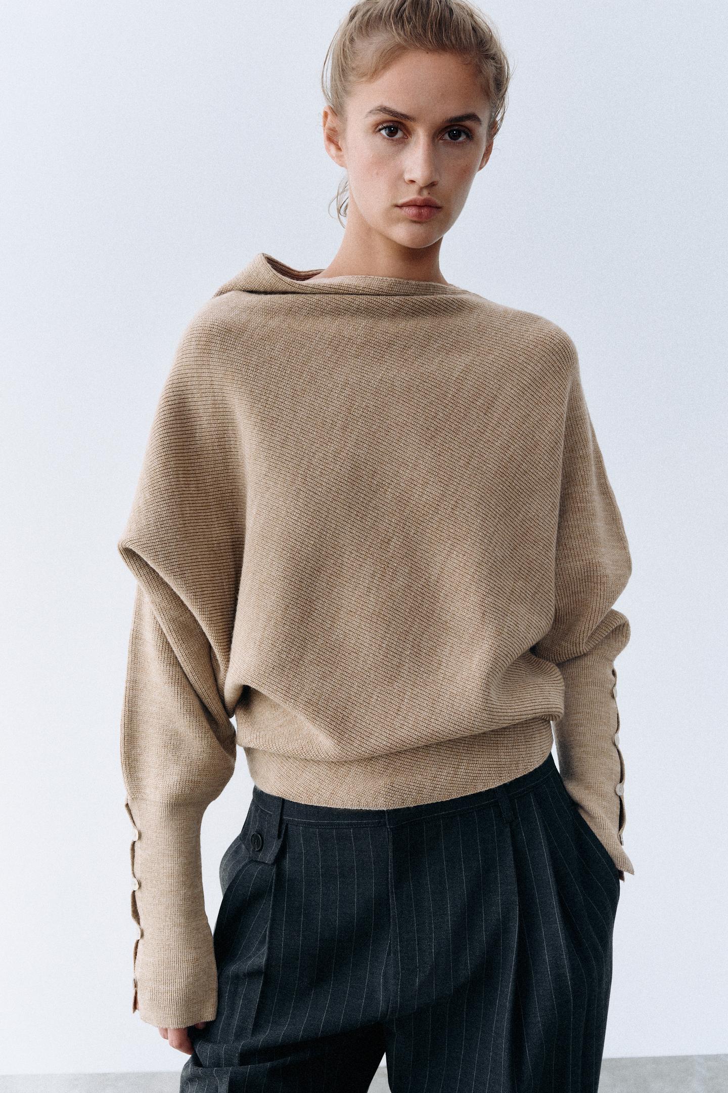 Женский свитер Zara Asymmetric Knit Jumper, цвет: Песочный / Меланжевый — фото 6