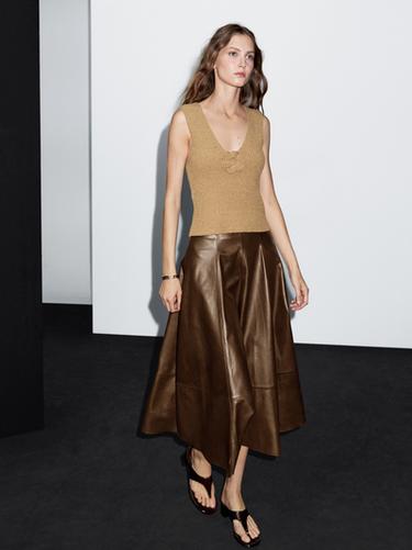 Zara Nappa leather flared midi skirt - Brown - Image 0