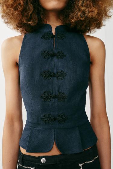 LINEN BLEND PEPLUM TOP WITH FROG FASTENING - Indigo by Zara - Image 3