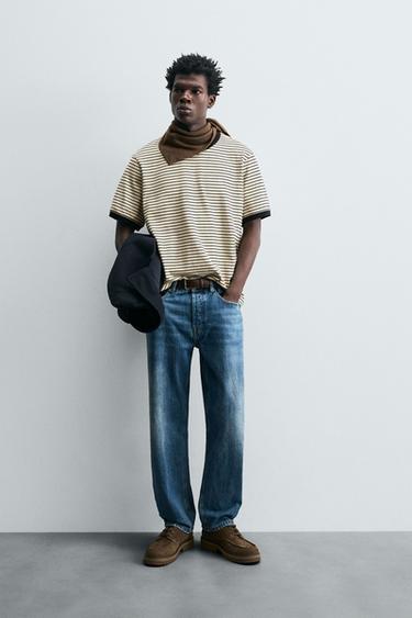STRIPED T-SHIRT WITH CONTRAST RIB - Ecru / Navy by Zara - Image 0