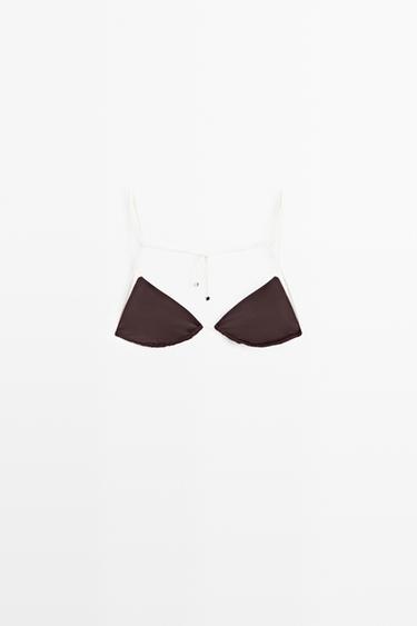 Zara Triangle bikini top with contrast bow - Brown - Image 0