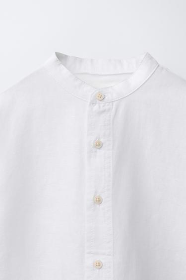 LINEN AND COTTON STAND COLLAR SHIRT - White by Zara - Image 3