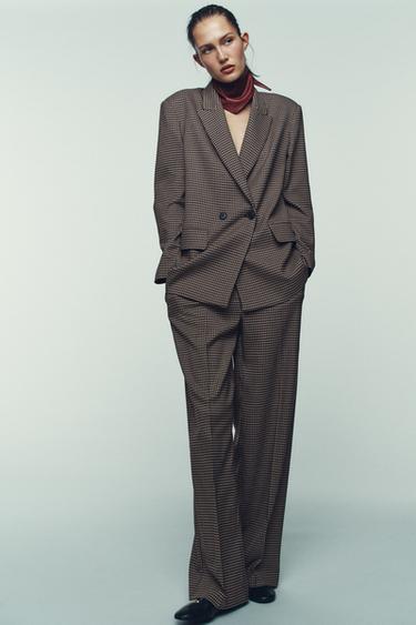 Zara STRAIGHT-LEG PLAID BELTED PANTS - Brown / Ecru - Image 0