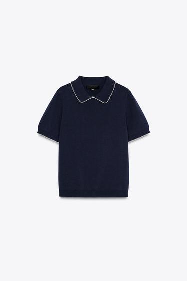 KNIT TOP WITH PIPING - Navy blue by Zara - Image 3