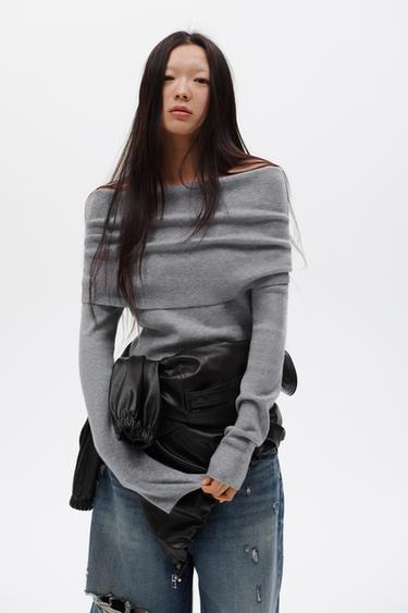 オフショルダーニットセーターグレーマールZaraのオフショルダーニットセーター - グレーマール 