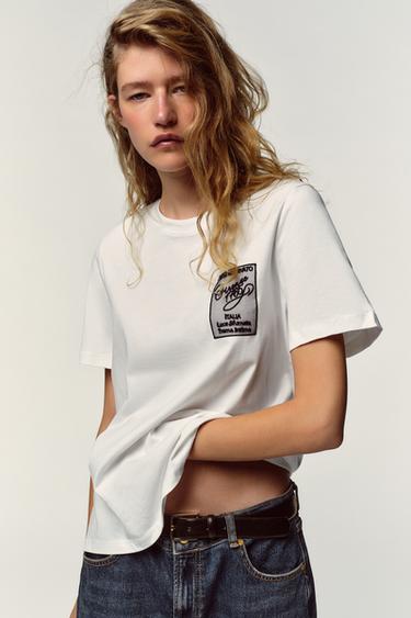 T-SHIRT WITH ORGANZA SLOGAN - White by Zara