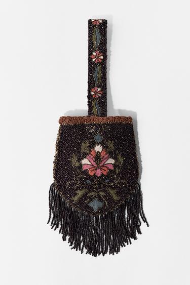 Zara BEADED FRINGE HANDBAG - Brown