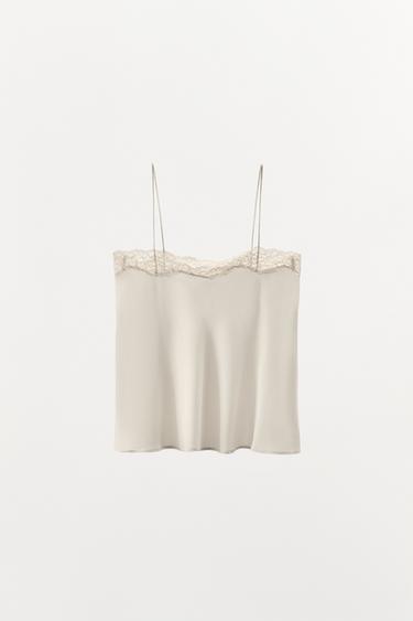 Zara SILK LACE CAMISOLE TOP - Ecru