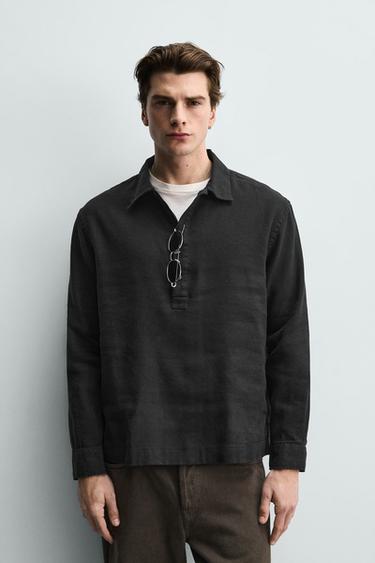 Zara COTTON - LINEN POLO SHIRT - Black