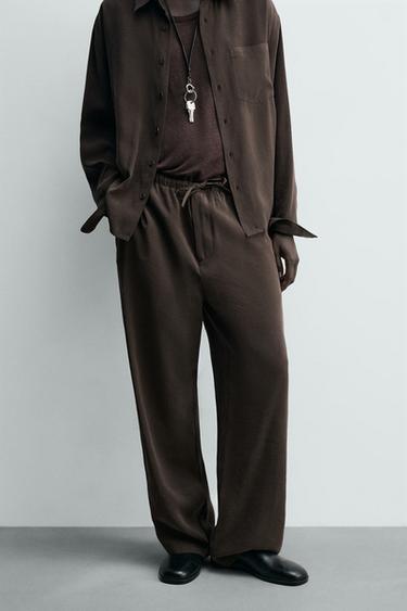 Zara RELAXED FIT FLOWY PANTS - Brown