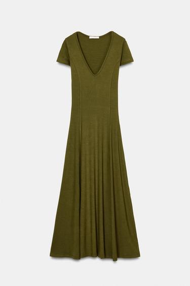Zara LONG RIBBED DRESS - Dark olive