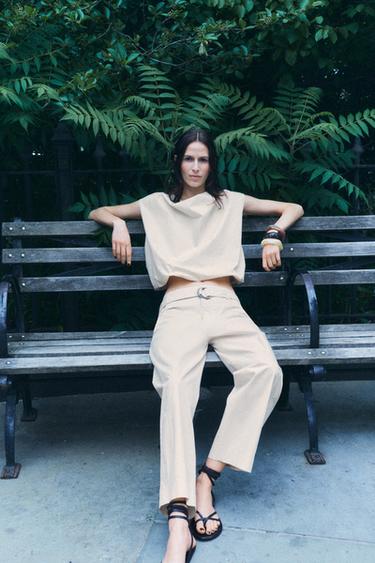 БРЮКИ ИЗ ПОПЛИНА С ПРЯЖКОЙ — ZW COLLECTION — СЛОНОВАЯ КОСТЬ от Zara — изображение 0