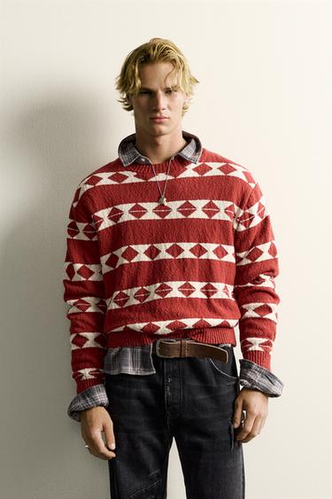JERSEY RELAXED FIT JACQUARD GEOMÉTRICO - Rojo de Zara
