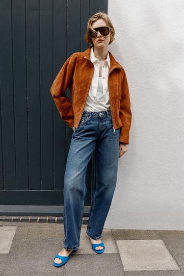 Zara 100% LEATHER STAND COLLAR JACKET - Orange