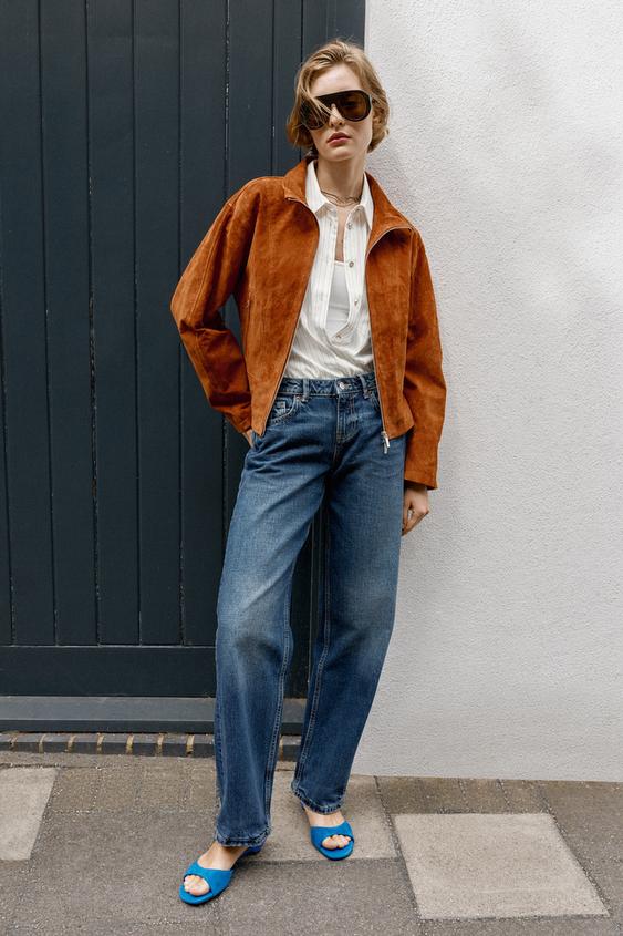 100% LEATHER HIGH COLLAR JACKET - Orange by Zara - Image 0