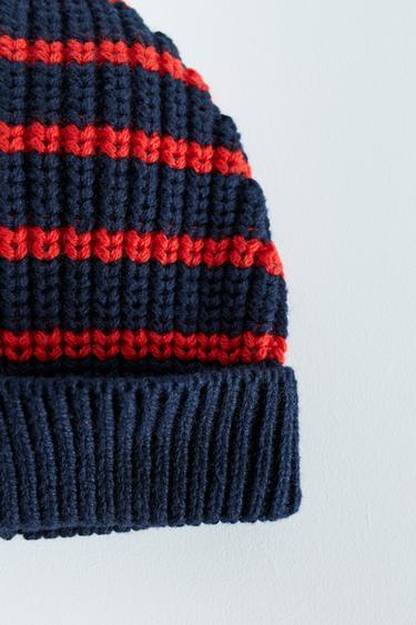 ZARA TIMELESS - COTTON AND WOOL STRIPED BEANIE — Red / Navy 2