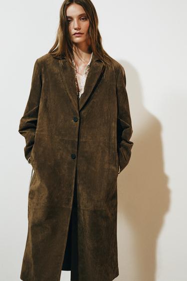 Zara 100% LEATHER LONG COAT ZW COLLECTION - Olive green
