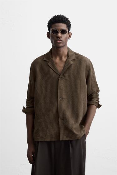 Zara STRIPED MODAL BLEND SHIRT - Brown