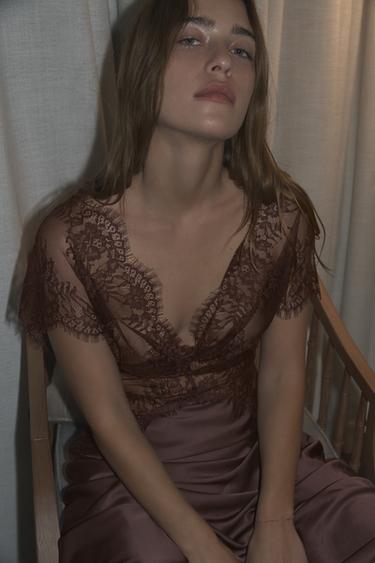 Zara COMBINATION SATIN LACE DRESS - Brown