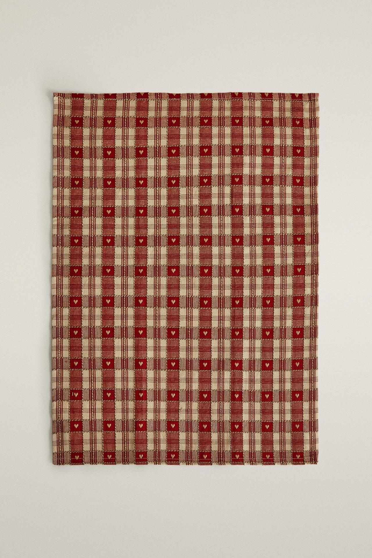 COTTON CHECK HEART CHRISTMAS KITCHEN TOWELS (PACK OF 2) — Red
