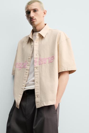 BOXY FIT OVERSHIRT WITH PATCHED TEXT - Ecru by Zara - Image 5