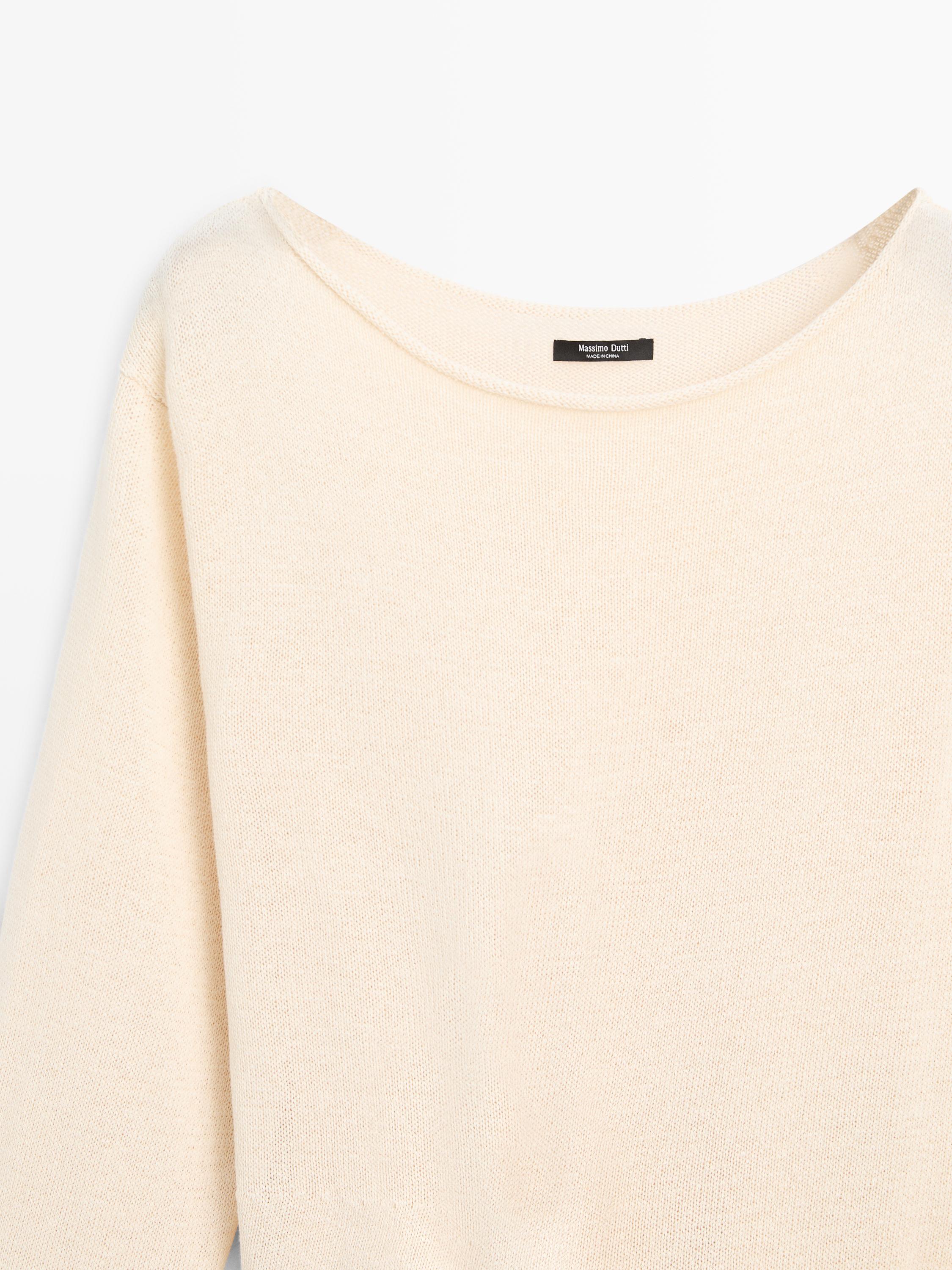 Asymmetric linen blend sweater with tie detail