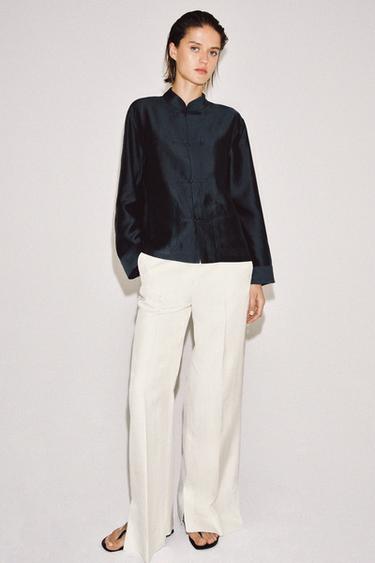 SATINSKJORTE MED FROSCHLUKNING – ZW COLLECTION - marine fra Zara