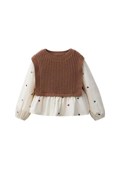 Zara EMBROIDERED HEART SHIRT WITH KNIT VEST - taupe brown