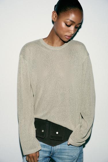 Zara CUT OUT KNIT TOP - Light khaki