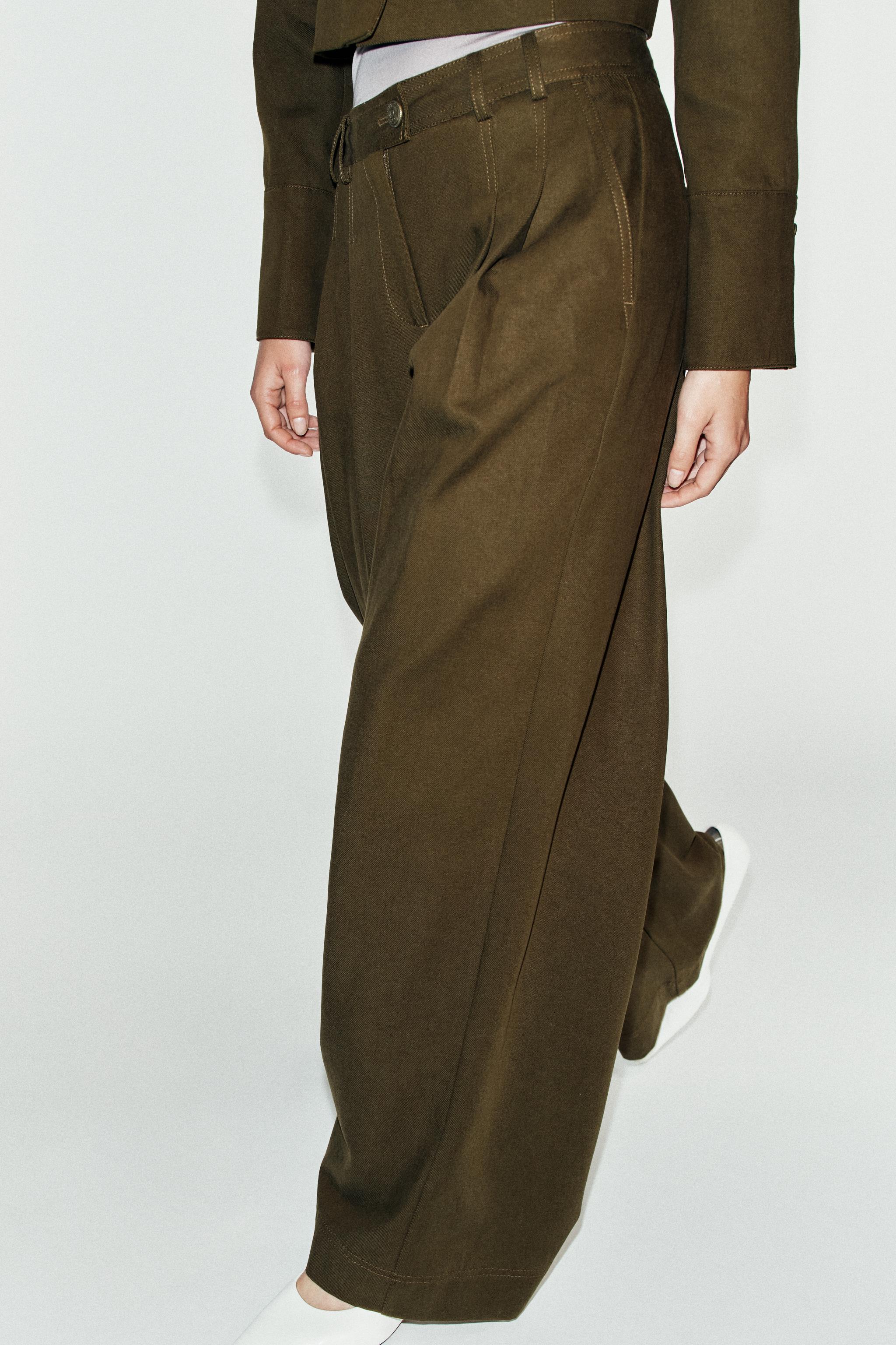 WIDE-LEG PLEATED PANTS — Khaki