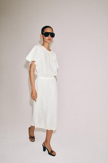 VESTIDO LINO 100% CROCHET ZW COLLECTION - Beige claro de Zara