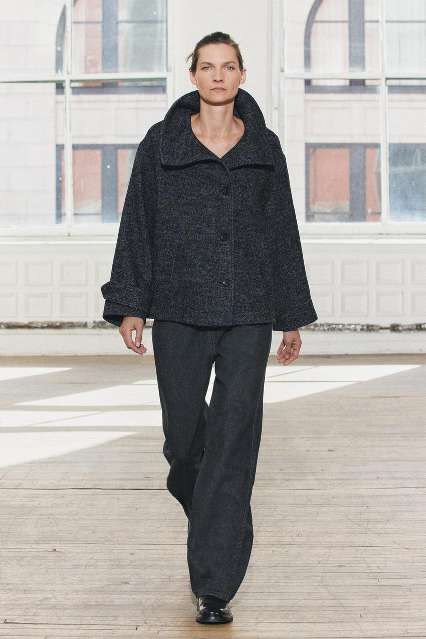 ウール混紡ヘリンボーン ショートコート ZW COLLECTION - ブルー 