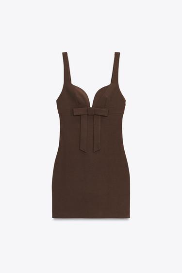 Zara BOW ELASTIC SHORT DRESS - Dark brown