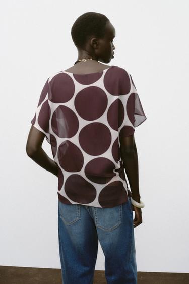 SHEER POLKA DOT TOP - Ecru / Maroon by Zara - Image 5