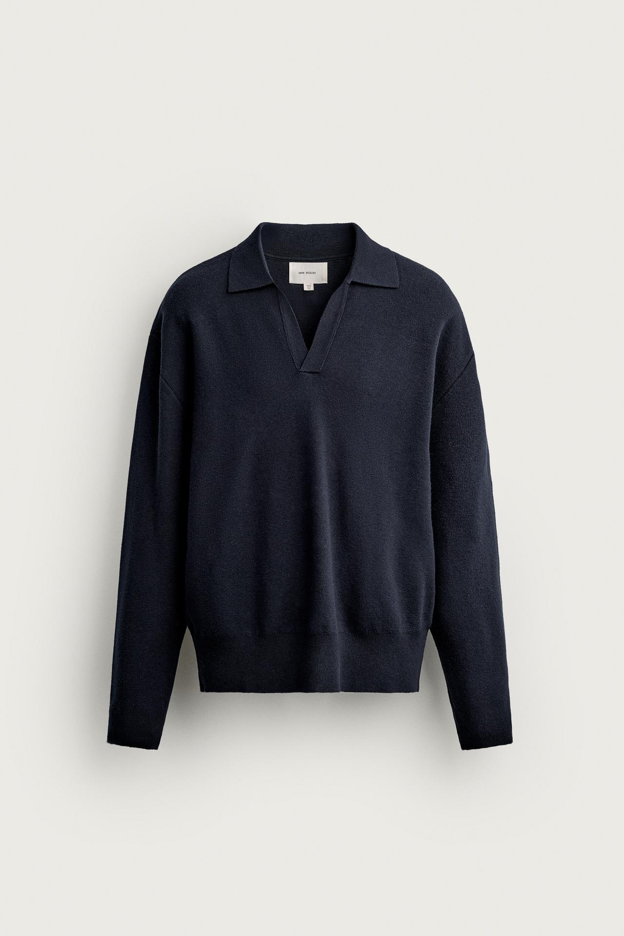 COTTON-WOOL COMPACT KNIT POLO — Navy blue
