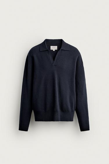 COTTON-WOOL COMPACT KNIT POLO — Navy blue 1