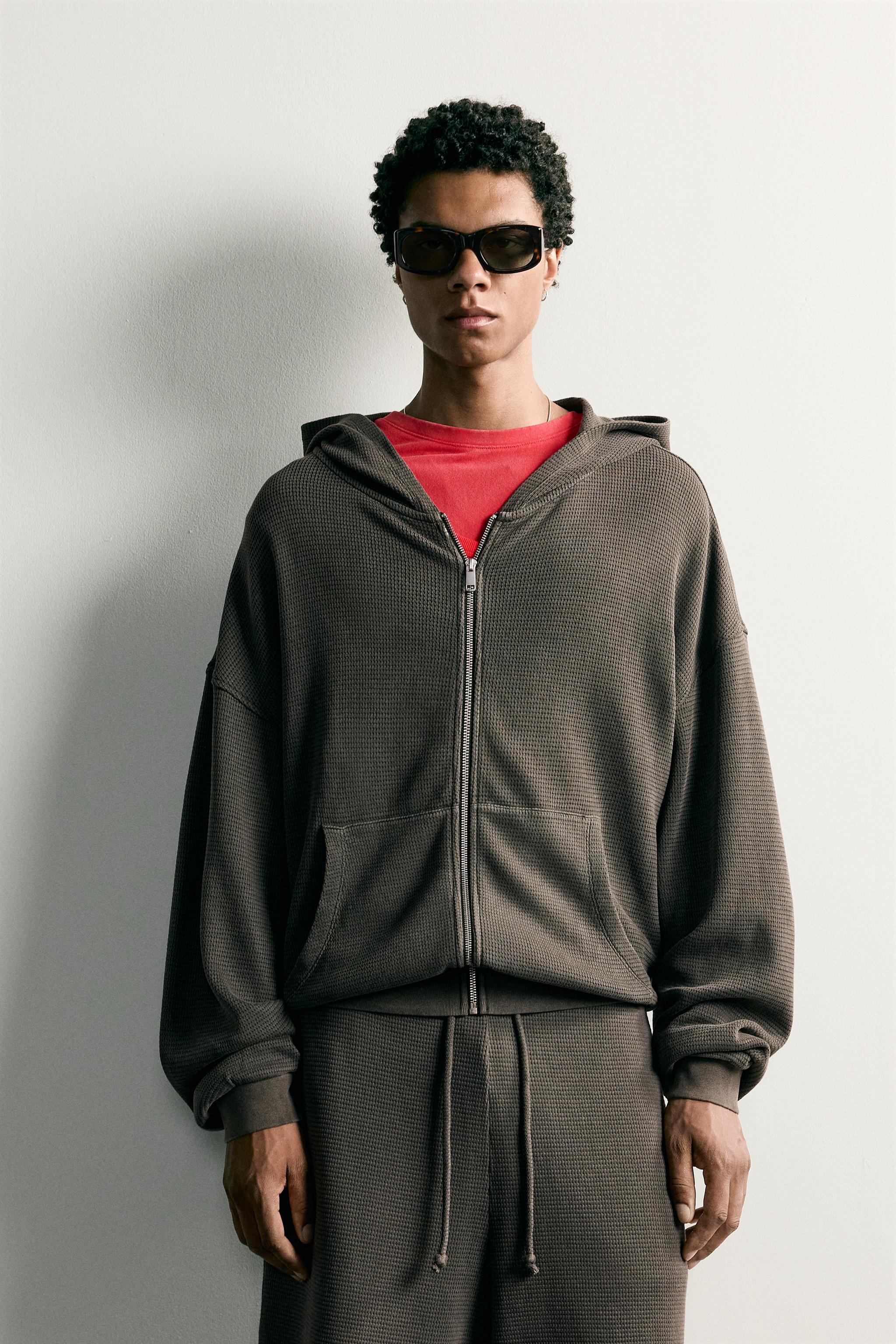 WAFFLE TEXTURE HOODIE TRACK SWEATSHIRT — Gray
