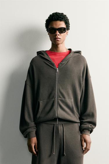 WAFFLE-KNIT HOODIE TRACKSUIT TOP - Grey by Zara