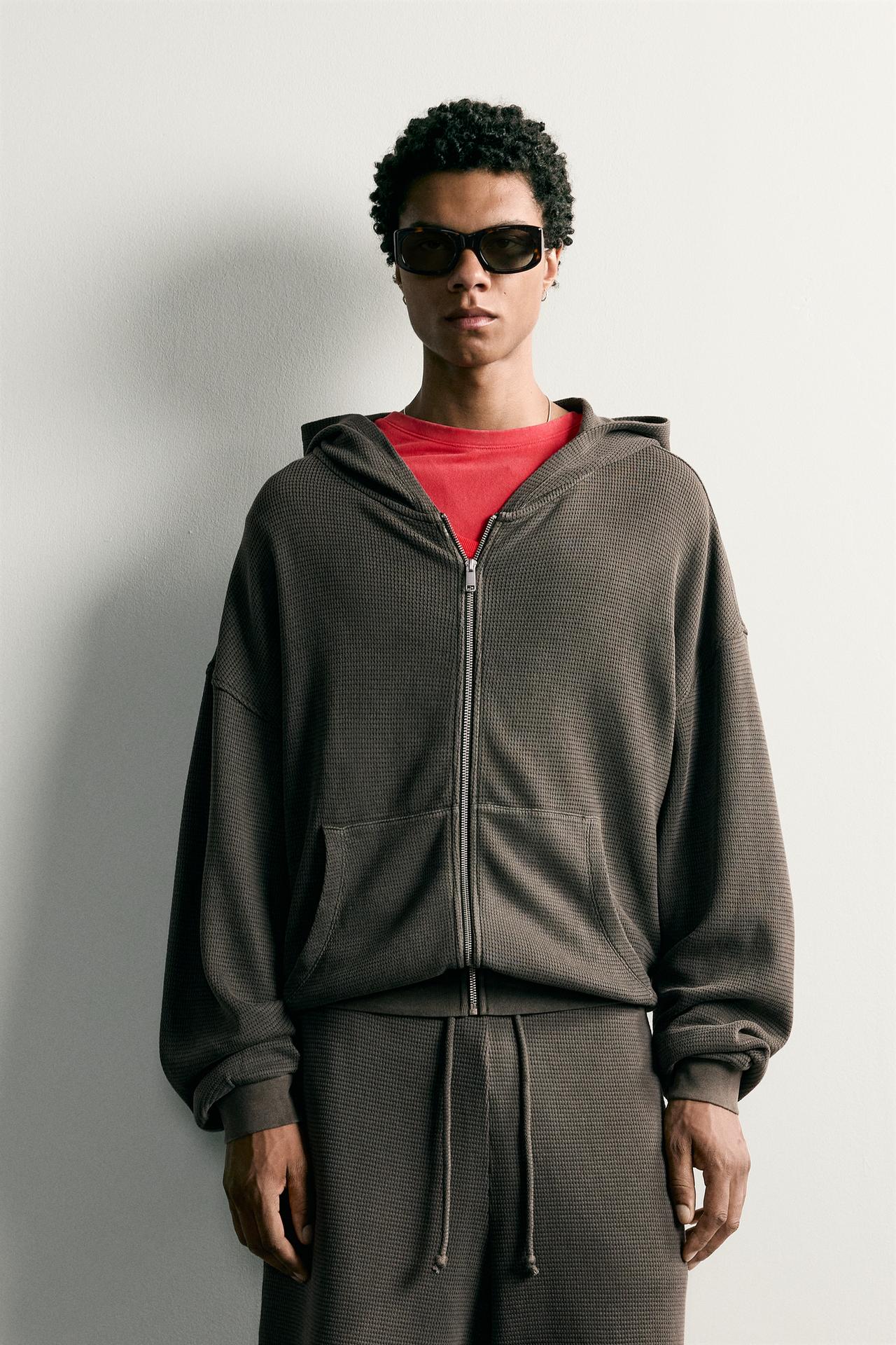 WAFFLE TEXTURE HOODIE TRACK JACKET — Gray