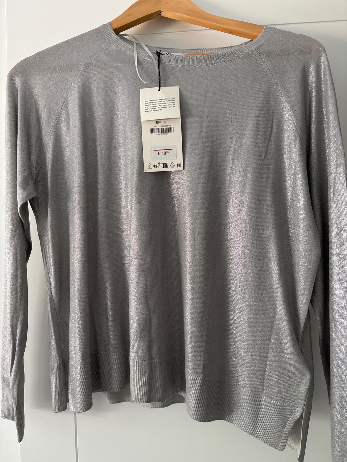 Shiny silver jumper hanging on a wooden hanger, with a visible price tag of €19. White background.