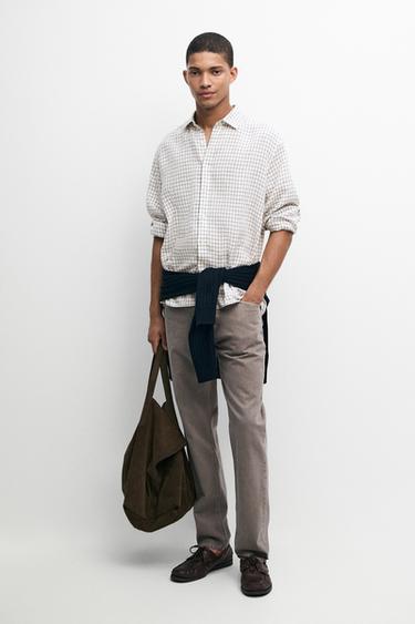 Camisa regular fit cuadros 100% lino - Azul de Zara