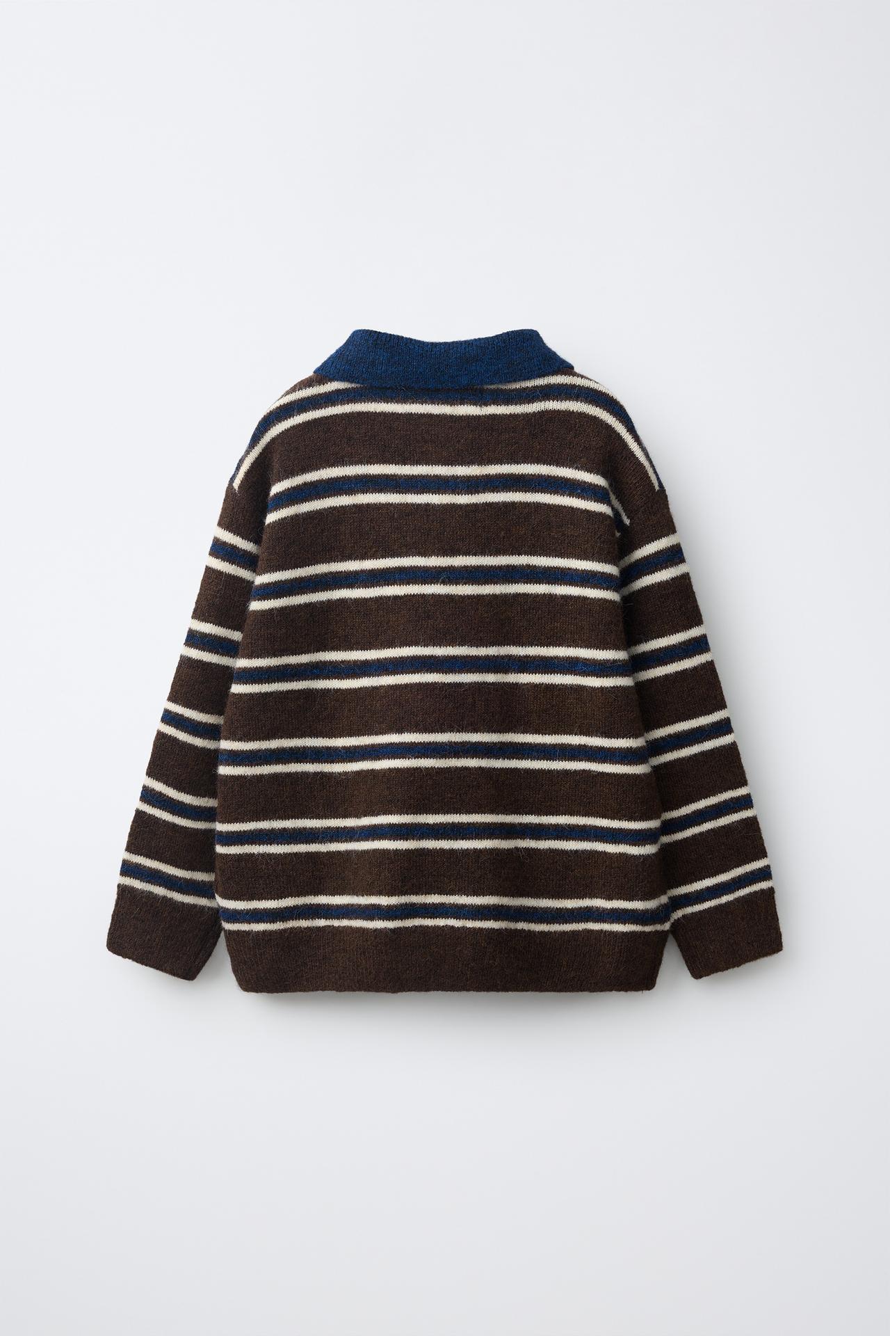 STRIPED KNIT POLO — Brown