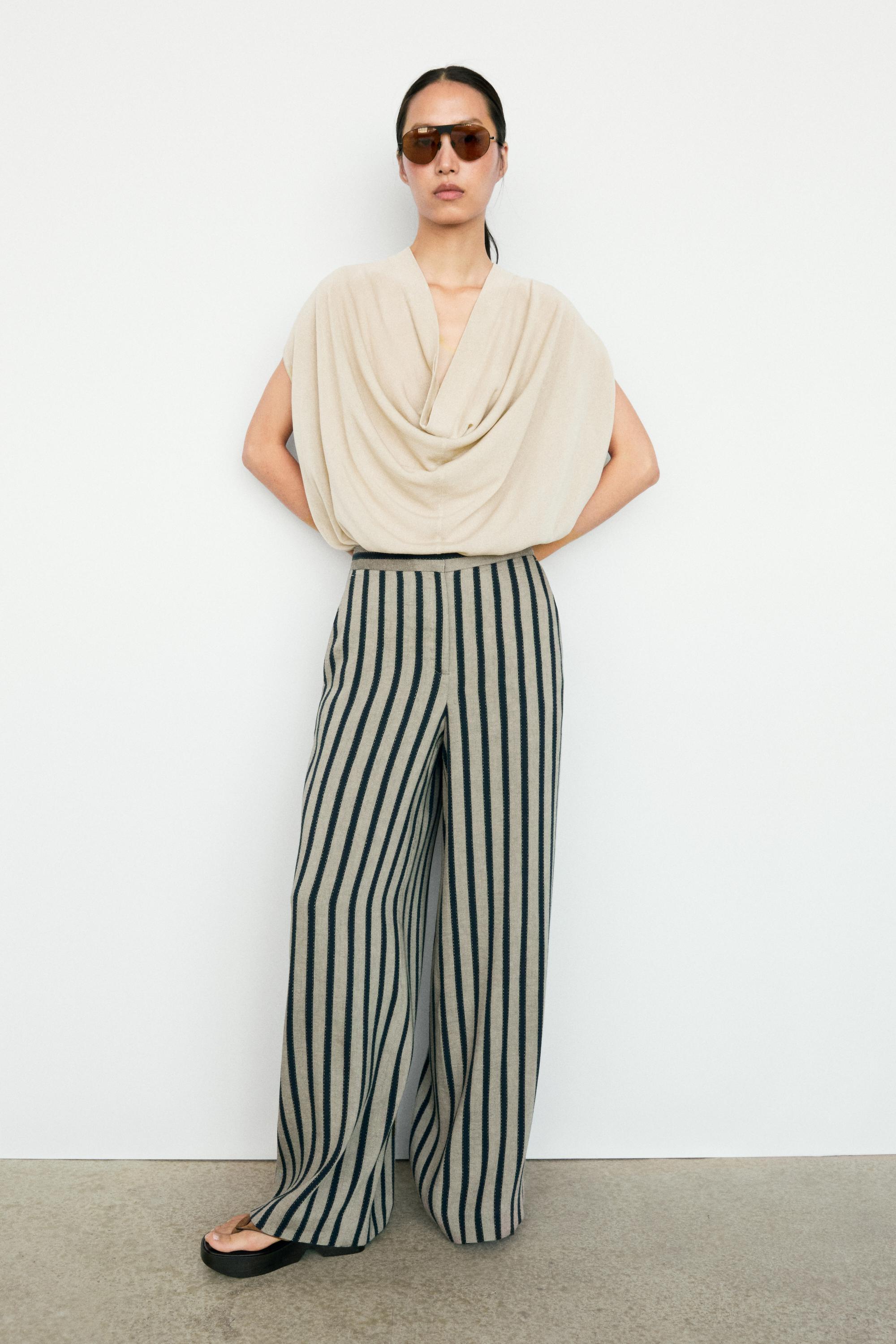 Striped wide-leg linen blend pants