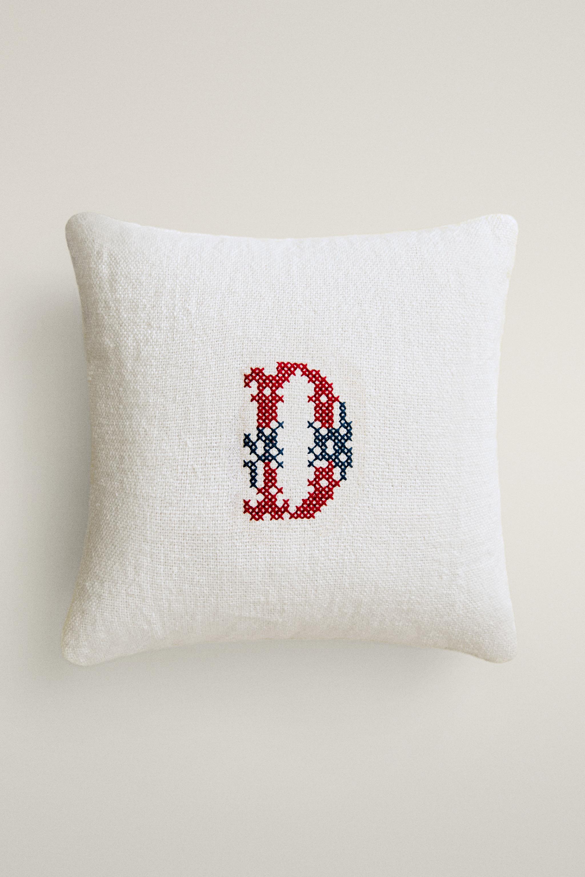 LETTER D EMBROIDERED LINEN CUSHION — Ecru