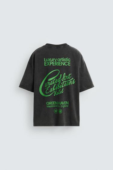 Zara WASHED TEXT T-SHIRT - Anthracite grey