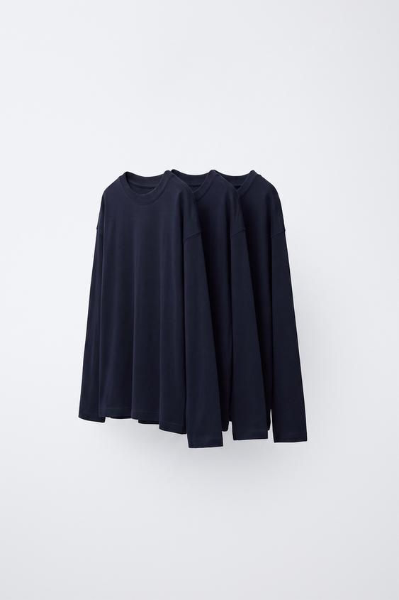 باقة من 3 تي-شيرتات سادة بأكمام طويلة - بحري الخاص بـ Zara - صورة 0