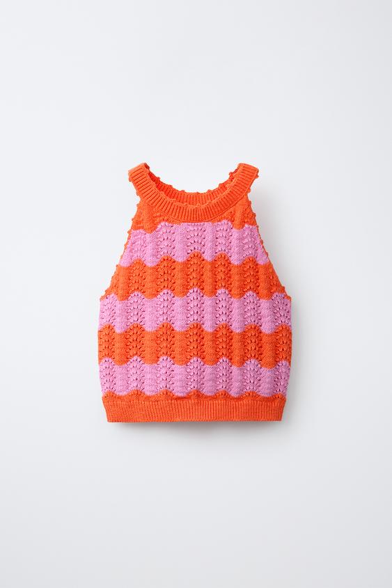 STRIPED CROCHET KNIT TOP - Neon orange by Zara - Image 0