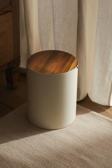 METAL BATHROOM BIN WITH WOODEN LID - Cream by Zara